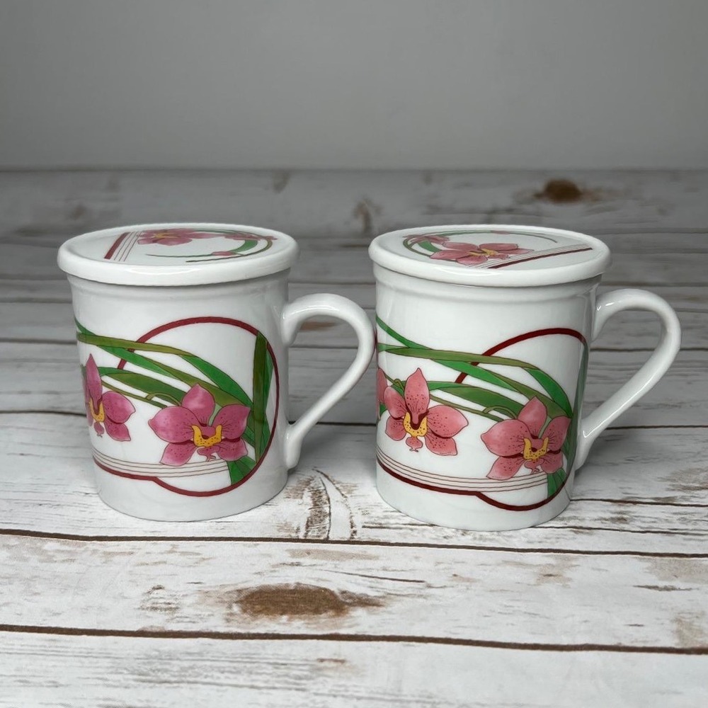 Grandmacore Porcelain Orchid Tea Mugs with Lids (2) White Pink Floral